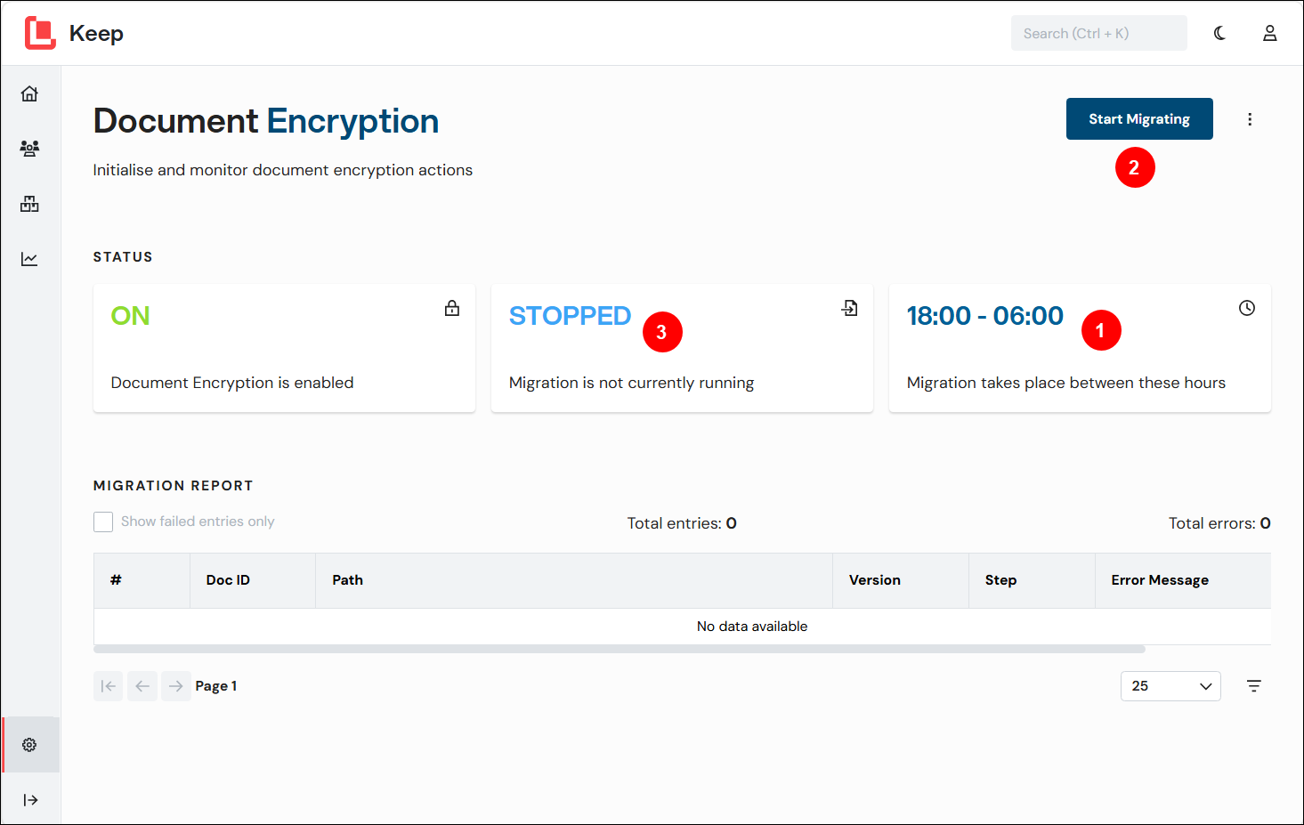 The Document Encryption page indicating page elements involved in starting and scheduling migration.